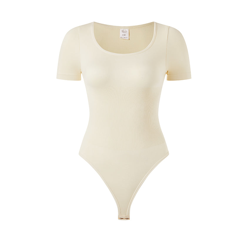 Round Neck Sleeved Thong Bodysuit Tummy Control Gym Shapewear