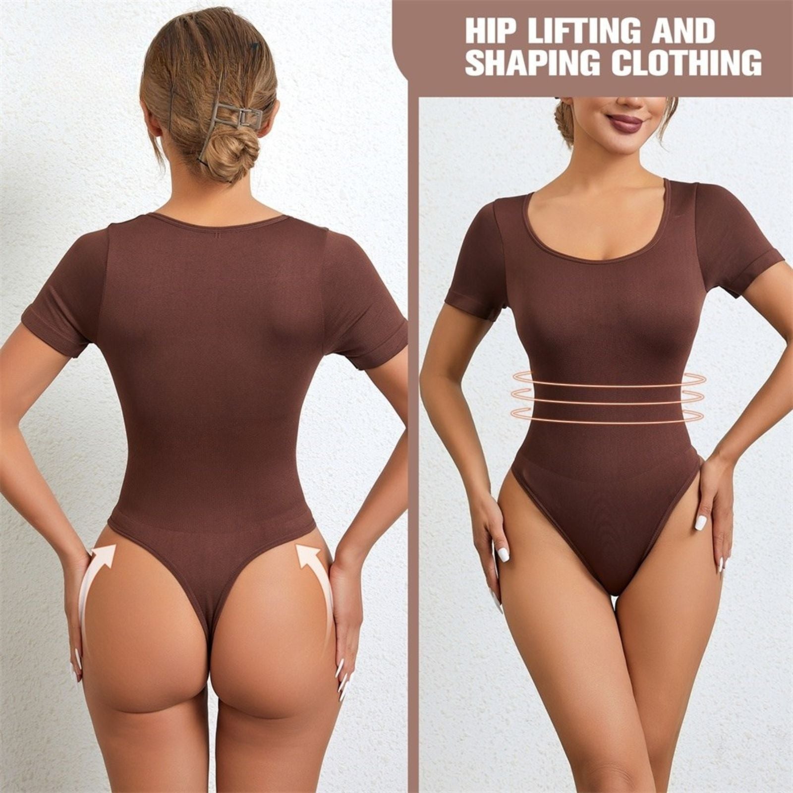 Round Neck Sleeved Thong Bodysuit Tummy Control Gym Shapewear