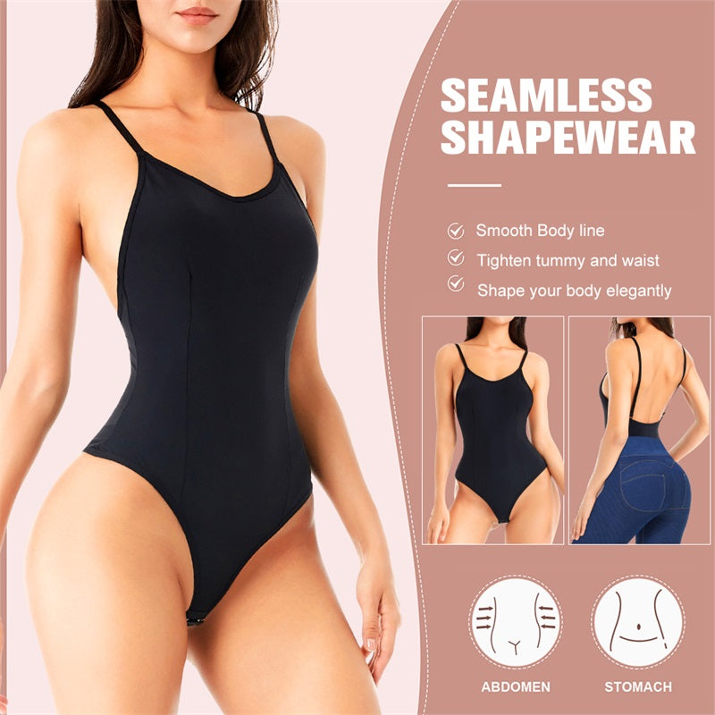 Shoulder Strap Waist Trainer Backless Thong Bodysuit Shapewear for Women