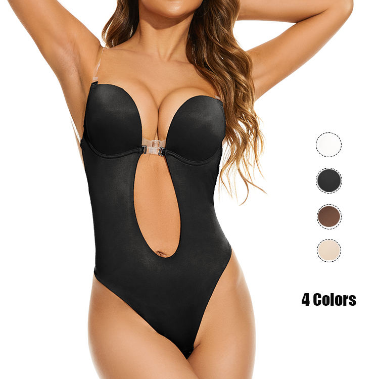 Slim Bodysuit Shapewear Deep V-Neck Padded Bra Push Up Backless